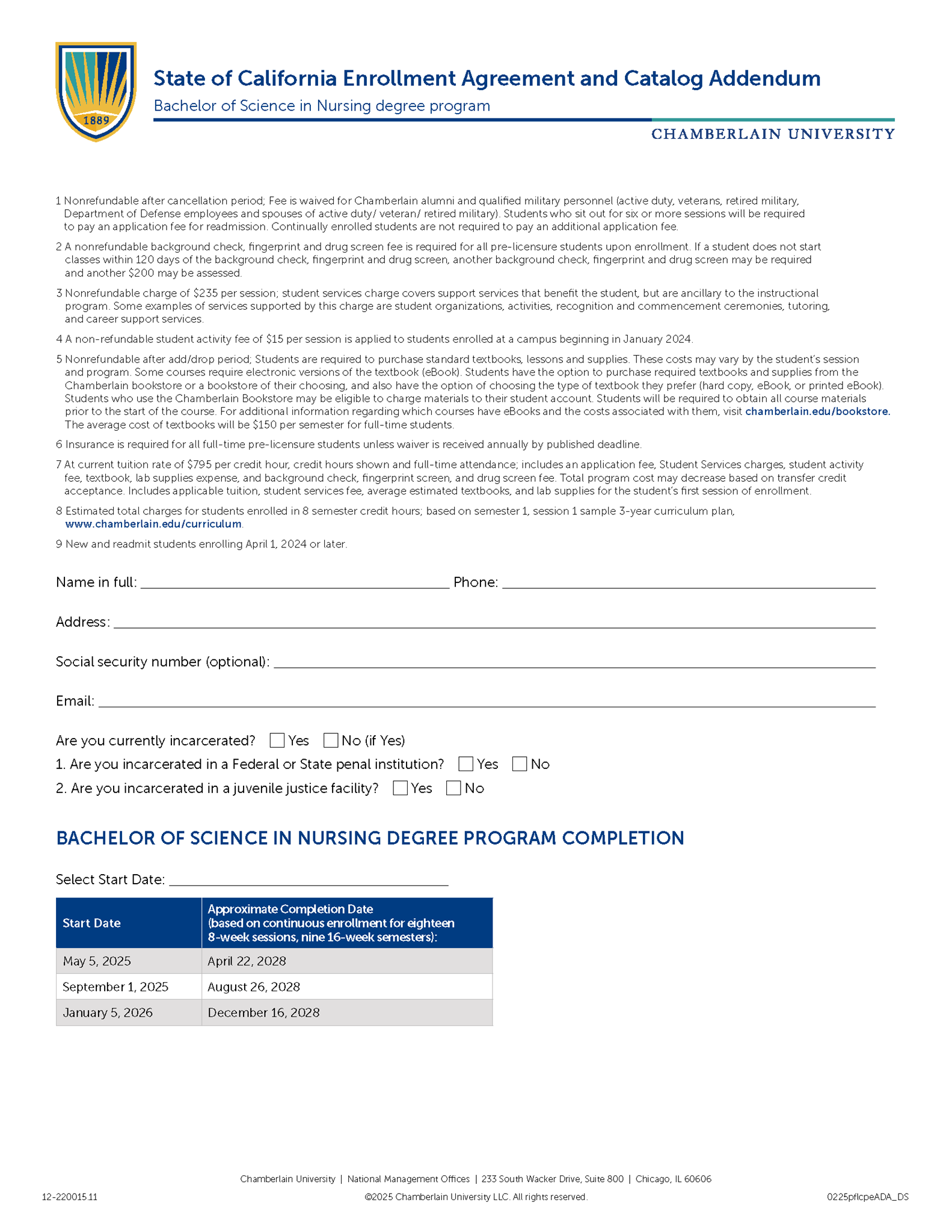Picture of California Enrollment Agreement and Catalog Addendum - Bachelor of Science in Nursing Degree Program